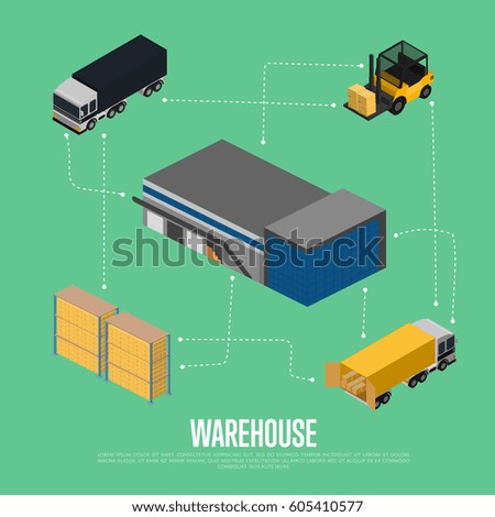 Warehouse isometric vector illustration. Forklift truck with packing boxes, warehouse terminal, truck loading process. Freight delivery, cargo shipment process, storage logistics and distribution