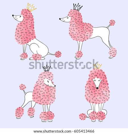Watercolor princess poodles set. Vector illustration of cute dogs. 