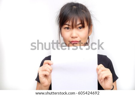 Asian women holding blank white paper for use as advertising on white background