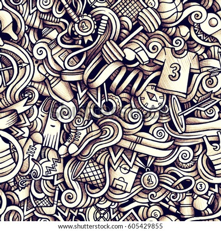 Graphic Sport hand drawn artistic doodles seamless pattern. Monochrome, detailed, with lots of objects vector trace background