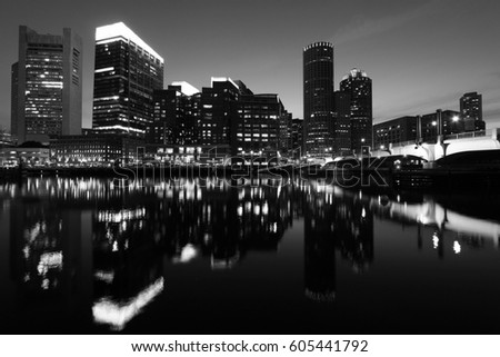 Boston, USA. Evening city skyline. Black and white retro style.