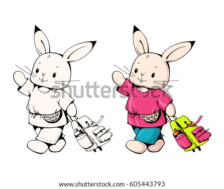 Hand-drawn illustration of funny cartoon Bunny with a bag on wheels. Monochrome and color version. Vector