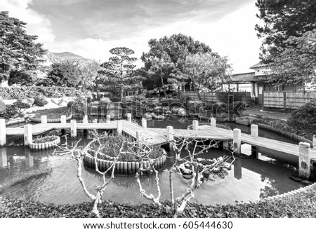Japanese garden in Monte Carlo, Monaco. Old style, black - white photo.