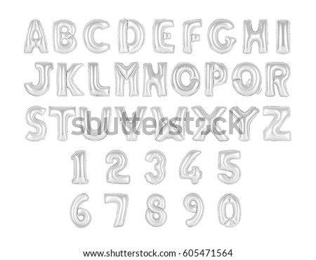 English alphabet and numerals from chrome, gray balloons on a white background. holidays and education