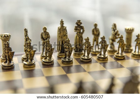 Bronze Chess Set Wooden Chess Board, Focusing on white crop