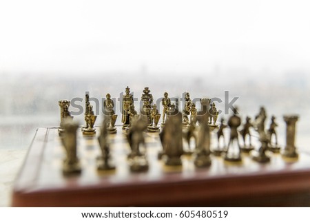 Bronze Chess Set Wooden Chess Board, Focusing on white