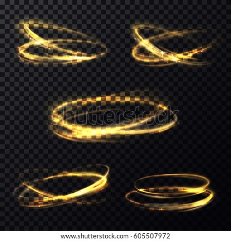 Set of isolated shining rings of light or bokeh in round shape. Abstract glowing light particle movement in circle on transparent background. Celebration or disco flashing banner theme