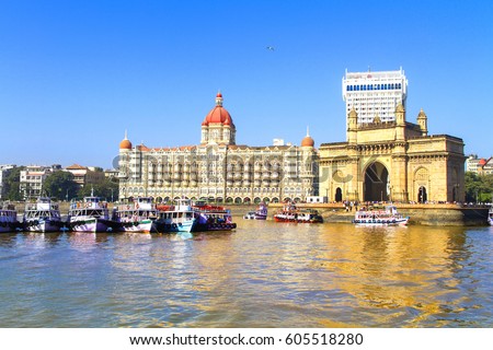 The Gateway of India and boats as seen from the Mumbai Harbour in Mumbai, India.JPG Royalty-Free Stock Photo #605518280