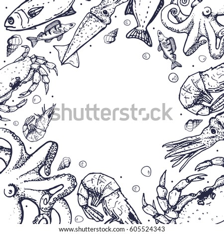 vector frame with hand drawn sea animals - octopus, fish, squid, shrimp, crab.cafe and restaurant menu template. sketch card or invitation
