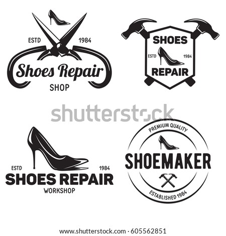 Set of vintage logo badge emblem or logotype elements for shoemaker shoes shop and shoes repair. Isolated on white background.