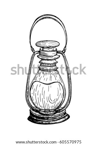 An old kerosene lamp. Vector illustration for print or greeting card. Decorative vintage element for the design of tourism. Lantern in retro style. Linear drawing by hand.