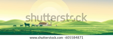 Summer rural landscape from cows and farm, dawn above hills, elongated format. Royalty-Free Stock Photo #605584871