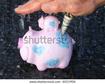 Protect your money. Piggy bank under the rain.