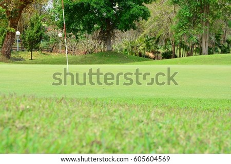 Golf course, natural backdrop and blue skies.
