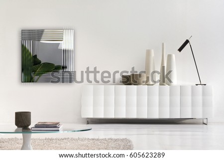 modern interiors with a luxury mirror on the wall Royalty-Free Stock Photo #605623289