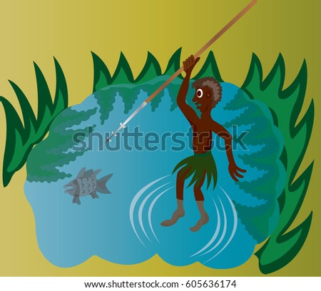 Man Fishing-
A tribal fisherman harpooning fish in a pond
