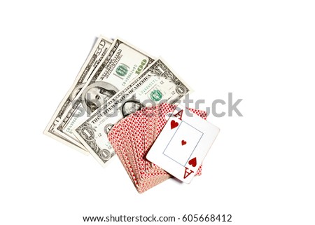 A deck of cards ace worms one dollar, fifteen dollars, one hundred US dollars. American currency on white isolated background