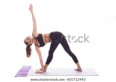 Young smiling woman practicing yoga,white background,