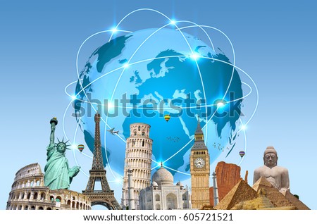 Famous landmarks of the world connected to each other in front of blue background