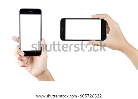 Woman hand holding smartphone isolated on white background. white screen.