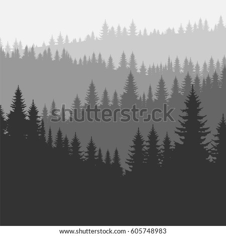 Coniferous forest silhouette template. Vector illustration of pine trees 