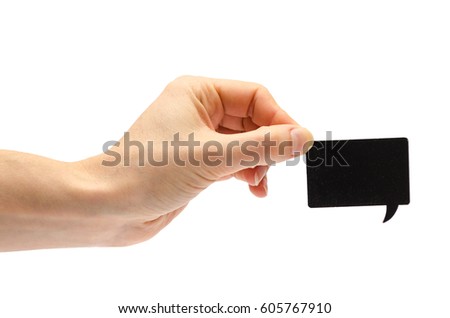 hand of young girl holding speech bubble. Isolated on white background