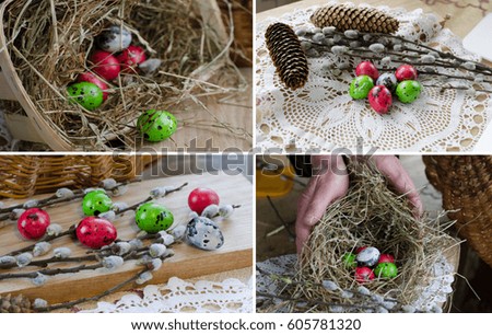 Collage Photo Colored quail eggs in a hay, in a basket Selective focus. Background in the design of Easter