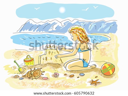 Summer day. A girl on the beach by the sea plays, she builds sand castles, many toys nearby.