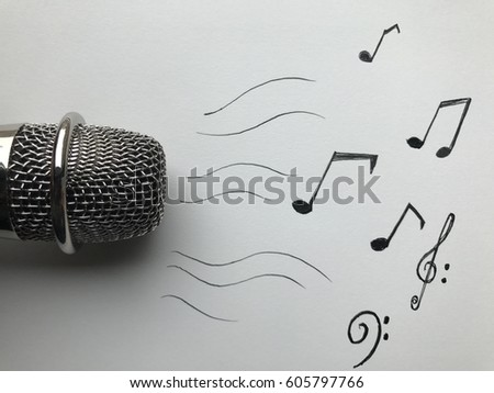 Microphone and musical notes and melodies with white plain background 