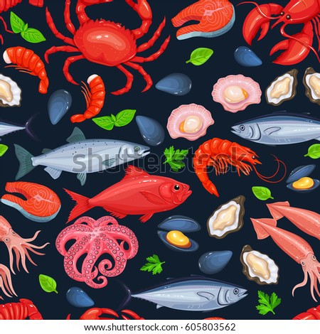 Seafood seamless pattern. Healthy food  product design. Vector  illustration.