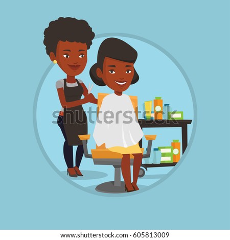 Hairdresser cutting hair of young woman in beauty saloon. Professional hairdresser making a haircut to a client in beauty saloon. Vector flat design illustration in the circle isolated on background.