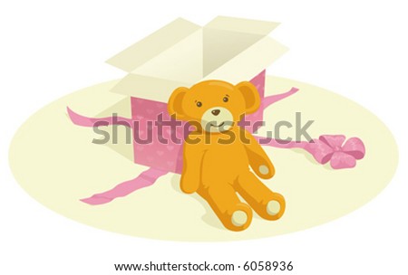 Teddy bear near pink box