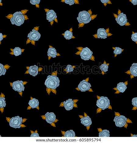 Stylized roses seamless pattern. Beautiful rose flowers in neutral and yellow colors on a black background.