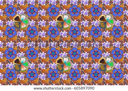 Seamless pattern abstract floral background. Raster sketch of many abstract flowers in green, violet and blue colors. Hand drawn seamless flower illustration.