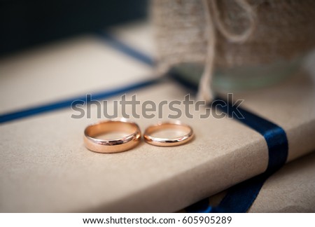 Wedding rings. Wedding symbols, attributes. Holiday, celebration. Macro. Blur