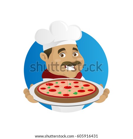 Chef serving pizza isolated in white background
