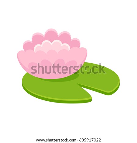 Pink water lily flower on green leaf isolated on white background. Stylized cartoon vector illustration.
