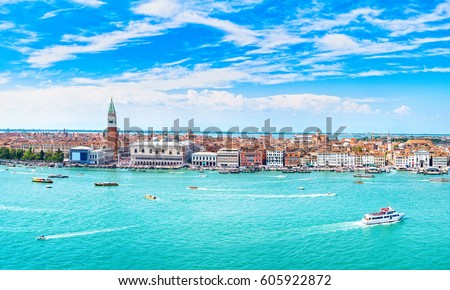 Venice panoramic landmark, aerial view of Piazza San Marco or st Mark square, Campanile and Ducale or Doge Palace. Italy, Europe. High resolution photography.