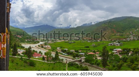 Paro Valley and the river in panorama view, Bhutan
