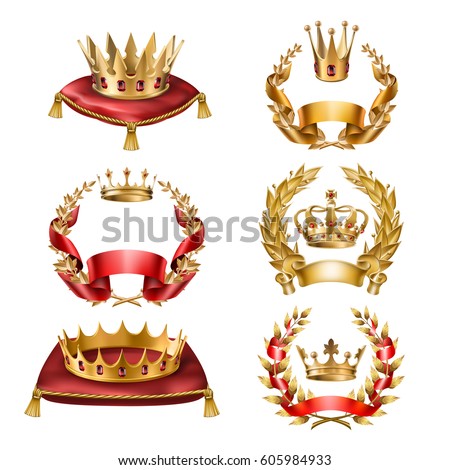 Set of vector icons of royal golden crowns and laurel wreaths isolated on white. Collection of crown awards for winners of competitions, design elements for a label, certificate, diploma