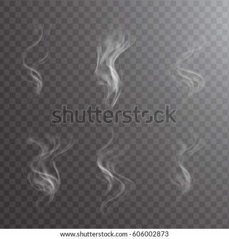 White cigarette smoke waves on transparent. Transparent white steam over cup on dark background background vector illustration. Royalty-Free Stock Photo #606002873