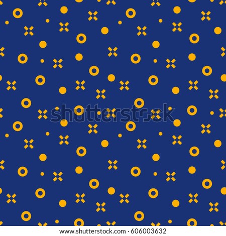 Seamless abstract vector pattern. Geometric blue background with yellow crosses.
