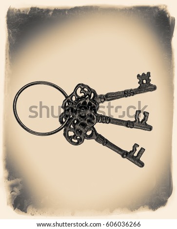 Ancient vintage keys on white background