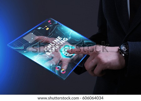 Business, Technology, Internet and network concept. Young businessman working on a virtual screen of the future and sees the inscription: Online banking
