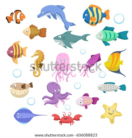 Cartoon trendy colorful reef animals big set. Fishes, mammal, crustaceans.Dolphin and shark, octopus, crab, starfish, jellyfish. Tropic reef coral wildlife.