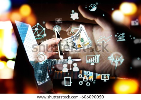 Fintech Investment Financial Technology Concept. P2P Payment concept image.Startup and crowd funding concept.Social network with P2P lending. Smart phone with technology icons coming out from screen. Royalty-Free Stock Photo #606090050