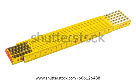 yellow folding rule measuring tool isolated on white background Royalty-Free Stock Photo #606126488