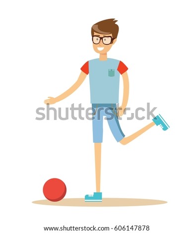 Young soccer player kicking a ball, sport casual young man a footballer beating on a ball on a white background. Cartoon character illustration