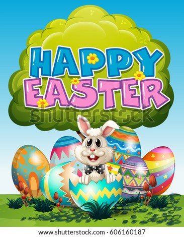 Happy Easter poster with bunny and eggs on grass illustration