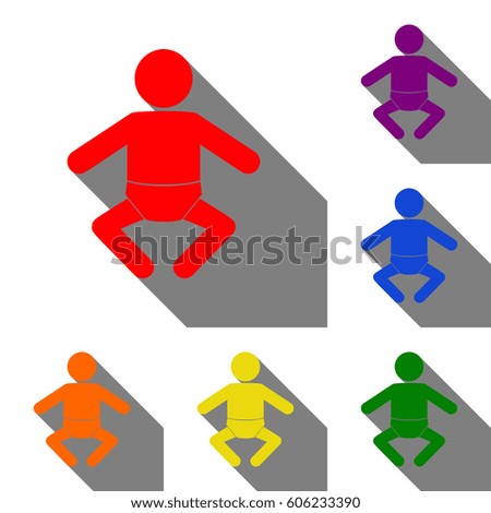 Baby sign illustration. Set of red, orange, yellow, green, blue and violet icons at white background with flat shadow.